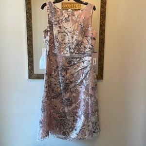 NWT Stunning sheer Navy and white over rose lining JS Collections dress, size 12